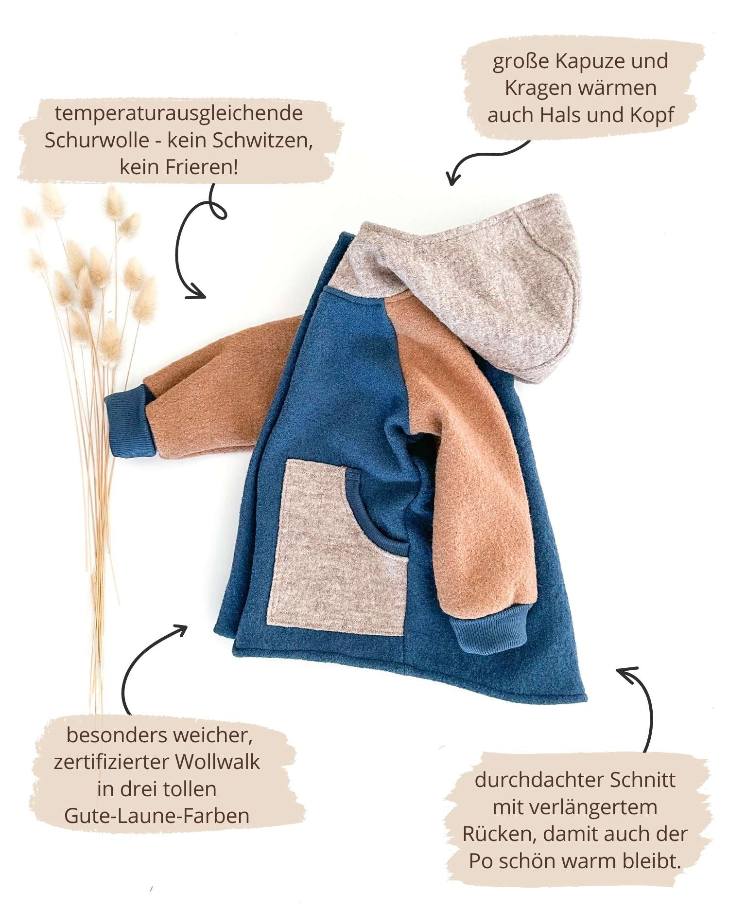 Colorblock Kinder Jacke aus Wollwalk blau junge